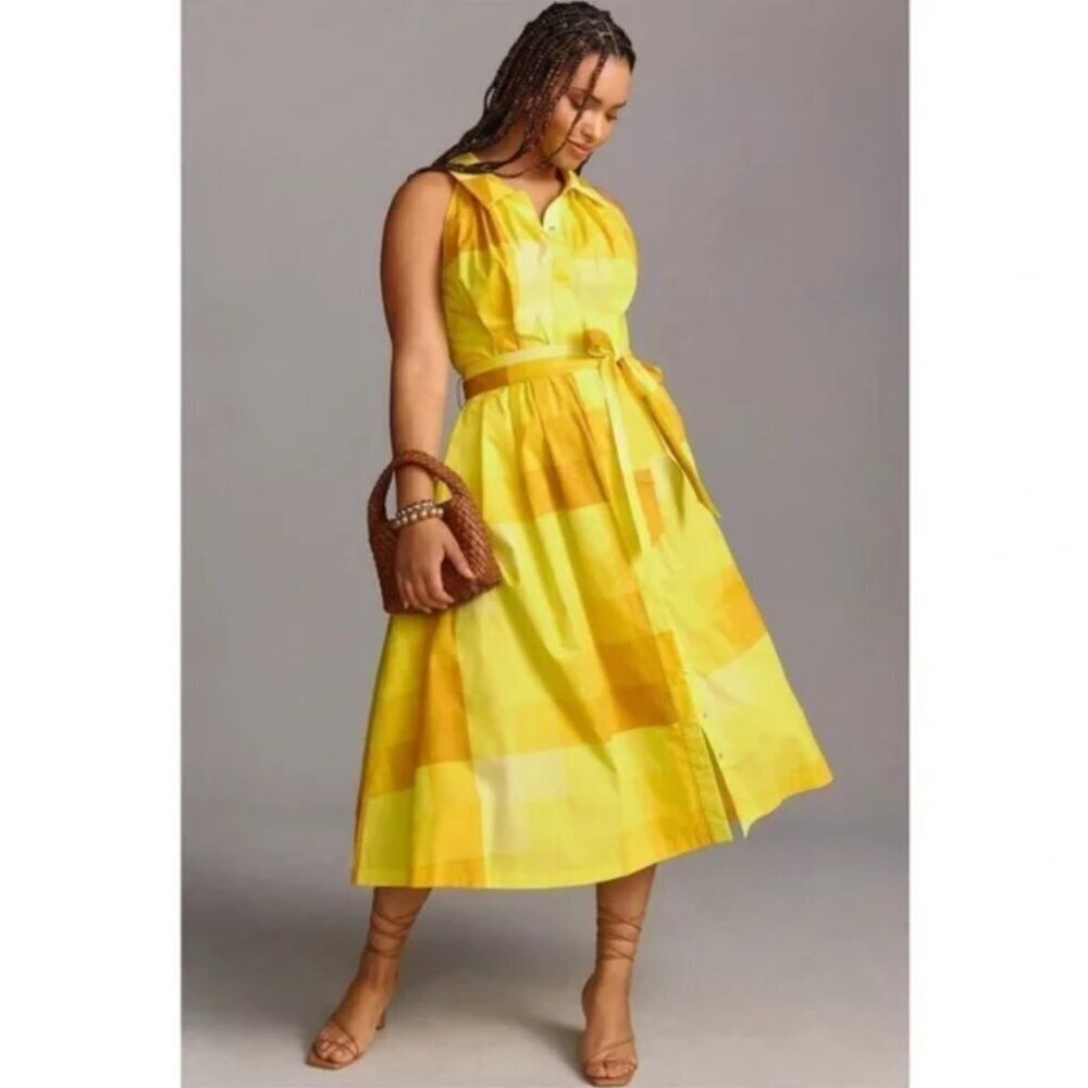 Anthropologie Plenty by Tracy Reese Yellow Midi Halter Cotton Shirt Dress, XL